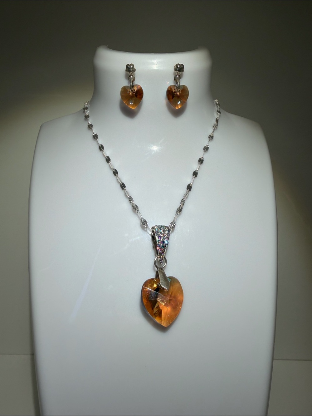 Sterling silver 925 Heart Crystal Necklace and Stud Earrings Set